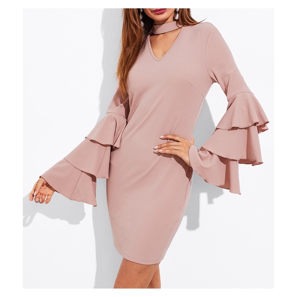 Dusty Pink Tiered Long Sleeve Bodycon Choker Dress - Picture 4 of 5